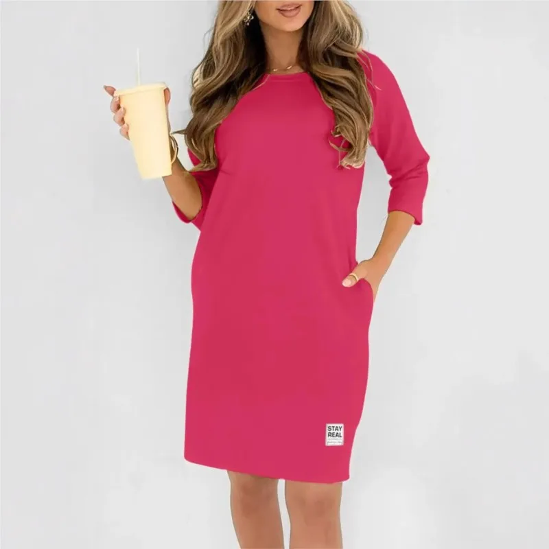 2025 ฤดูร้อนสีทึบเสื้อยืดชุดรอบคอPullover Quarter Sleeveตรงหลวมชุดลําลองชุดสําหรับสตรี