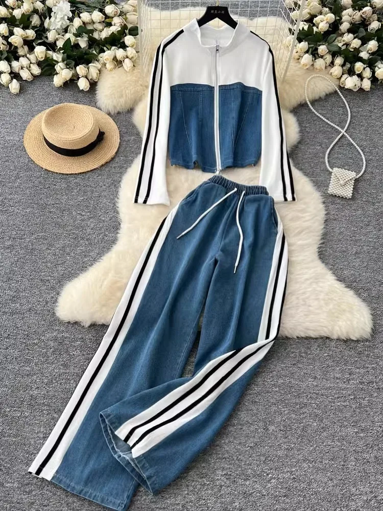 New Spring Women Fashion Casual denim Striped Straight Leg Pants Loose Long Sleeves Zipper Stand Collar Jackets Outerwear 2025