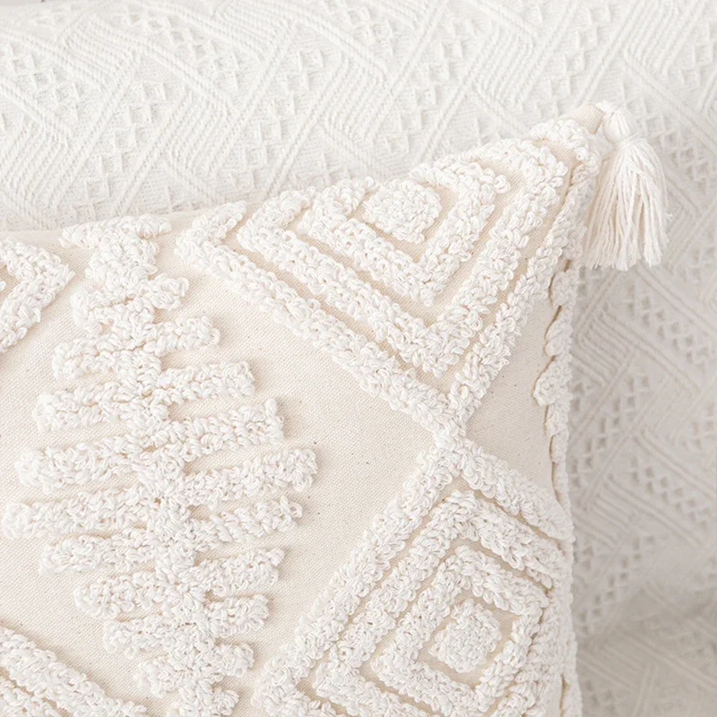 Tassels White Cushion Covers 45x45/30x50cm Cotton Pillow Cover Ivory Loop Tufted for Home Decoration Square Geometry Pillowcase