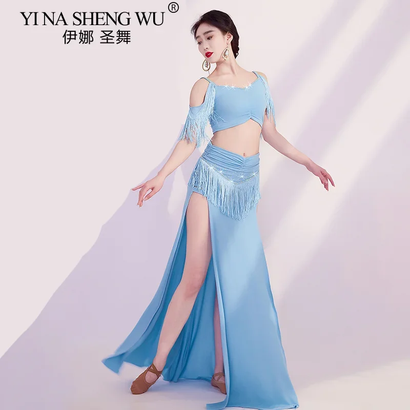 Belly Dance Costume Women Sexy Rhinestone Fringe Top And Long Skirt Set With Tassels Glitter Sleeveless Split Oriental Dance Set