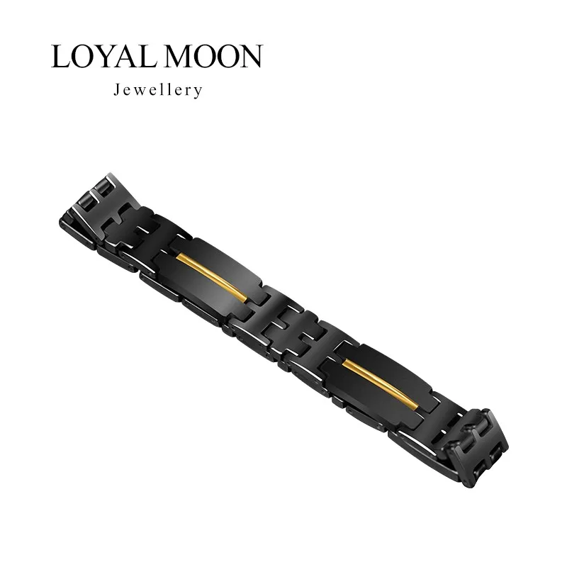 Loyal Moon Black Plated Tungsten Carbide For Men Chain Bracelets With Gold/ Rose Gold Ip Stripe 20cm Length Customized