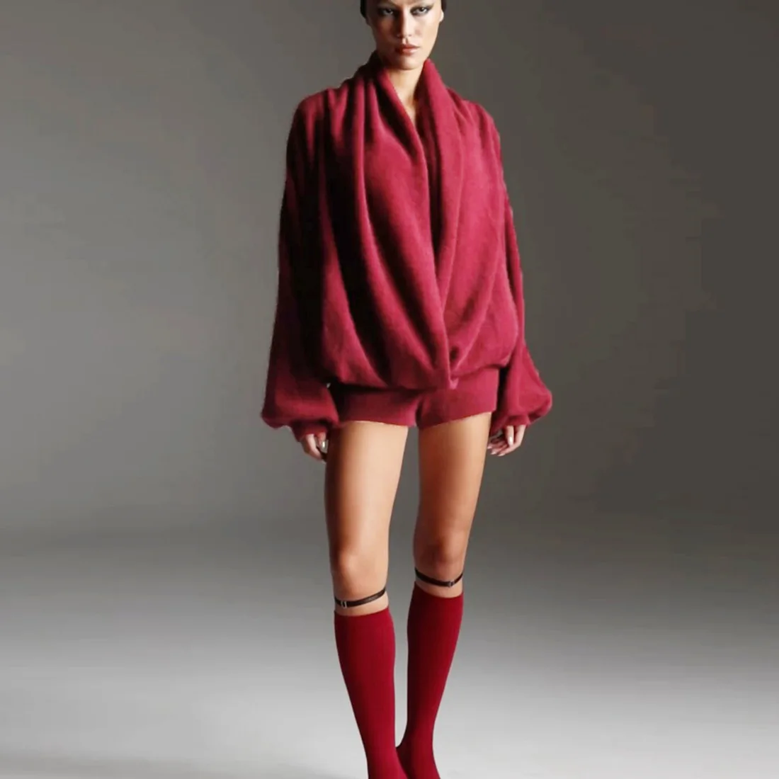 

Women Fashion Fluffy Knit Pullover Hoodies Deep V Neck Lantern Long Sleeve Loose Casual Hooded T-shirts Streetwear Pullover Tops