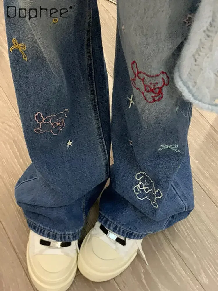 

Cute Embroidered Blue Straight Jeans Women Casual High Waist Wide-leg Denim Pants Retro Korean Y2k Trousers Spring Summer