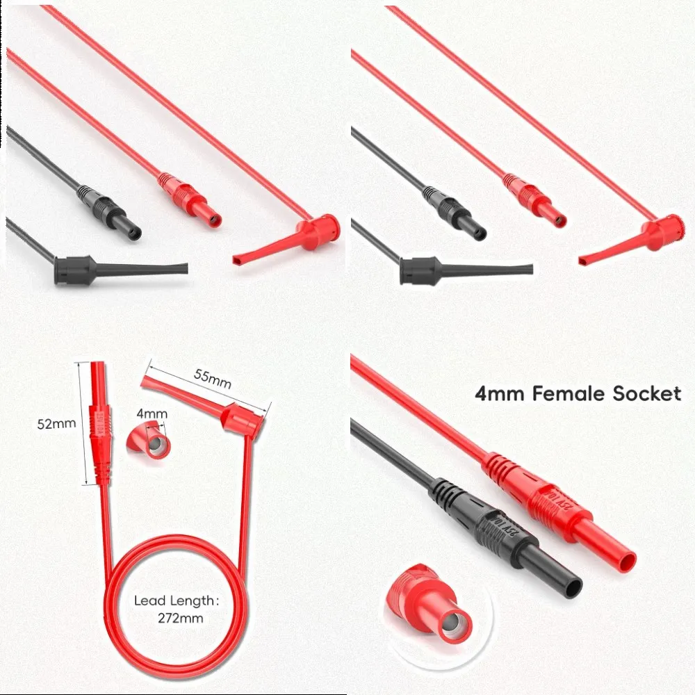 Multimeter Hook Clamp Test Leads 4mm Banana Female Socket High For Voltage 25V 10A Brass Nickel Plated PVC Red Black For