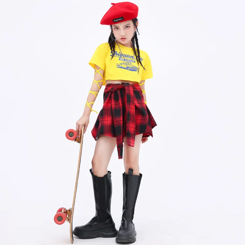 Kids Clothes Girls Summer Korean Yellow Crewneck Letter Print Crop Top T-shirt Red Plaid Skirt Set Kpop Stage Outfit Dance Wear