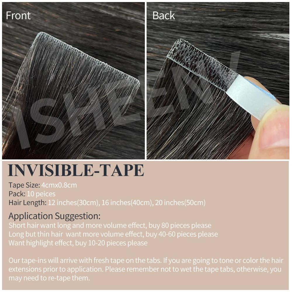 Isheeny-Cinta Invisible en extensiones de cabello, 12 "16" 20 "22", cinta de trama de piel Ins 10 piezas, cabello humano Remy Natural liso hecho a máquina