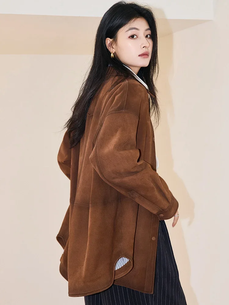 Vestes en cuir véritable rétro pour femmes, manteau en peau de chèvre véritable, simple, mi-long, haut de gamme, décontracté, printemps, automne, nouveau, 2025