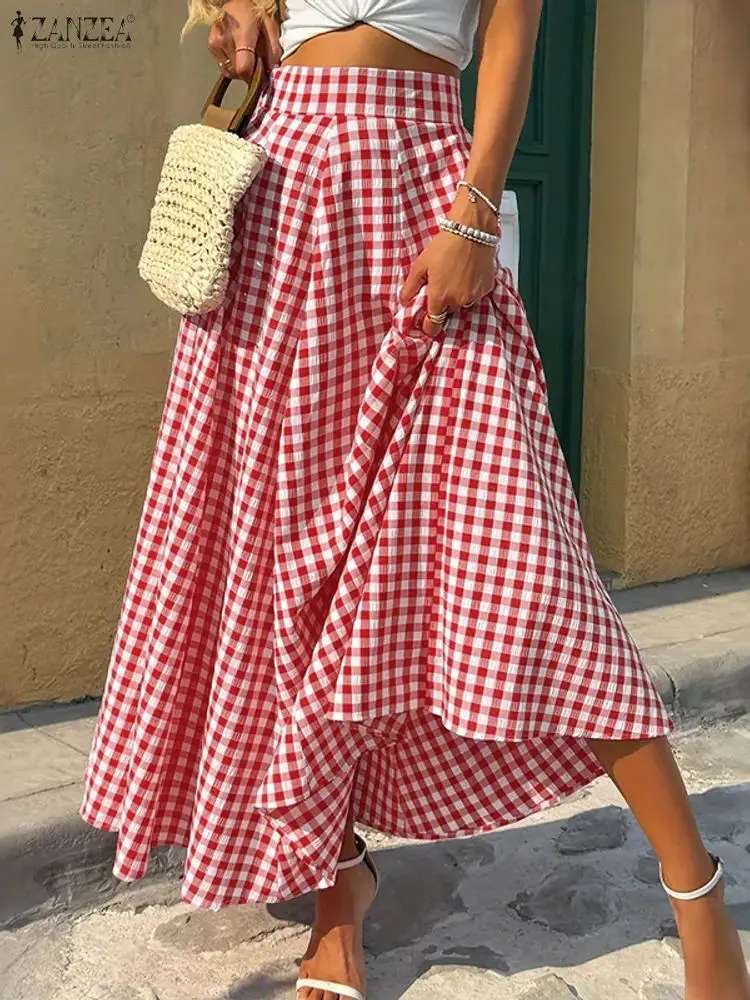 2025 ZANZEA Women Plaid Checked Long Skirts Autumn Jupes Elegant
