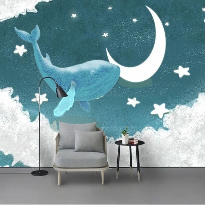 Beautiful 3D Hand-Drawn Dreamy Cartoon Whale Artistic Conception For The Living Room Children's Room Wall Decoration And Mural