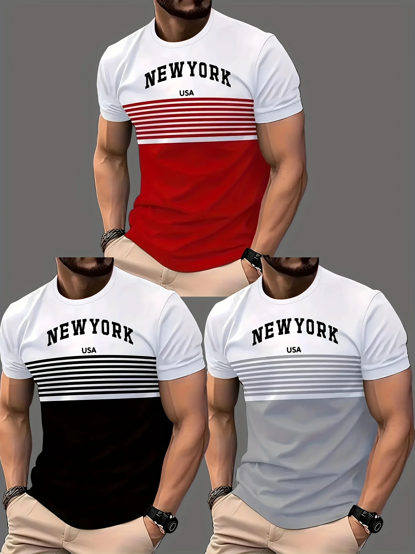 تي شيرت قصير الأكمام للصيف والصالة الرياضية والأنشطة الخارجية (أسود/أبيض/أحمر)، ملابس رياضية خارجية | مظهر رياضي | نسيج قابل للتنفس #1