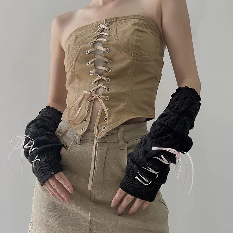 

1 Pair Female Y2K Fashion Arm Warmers Bowknot Soft Knitted Gloves Women Girl Half Finger Mittens Solid Color Thicken Arm Sleeves