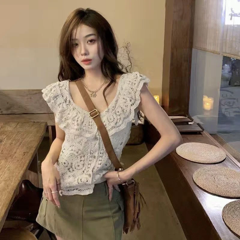 2026 Summer Trend Korean Flowing Shoulder Open Cardigan V Hook Hollow out Breathable High End Versatile Women's Vest Top