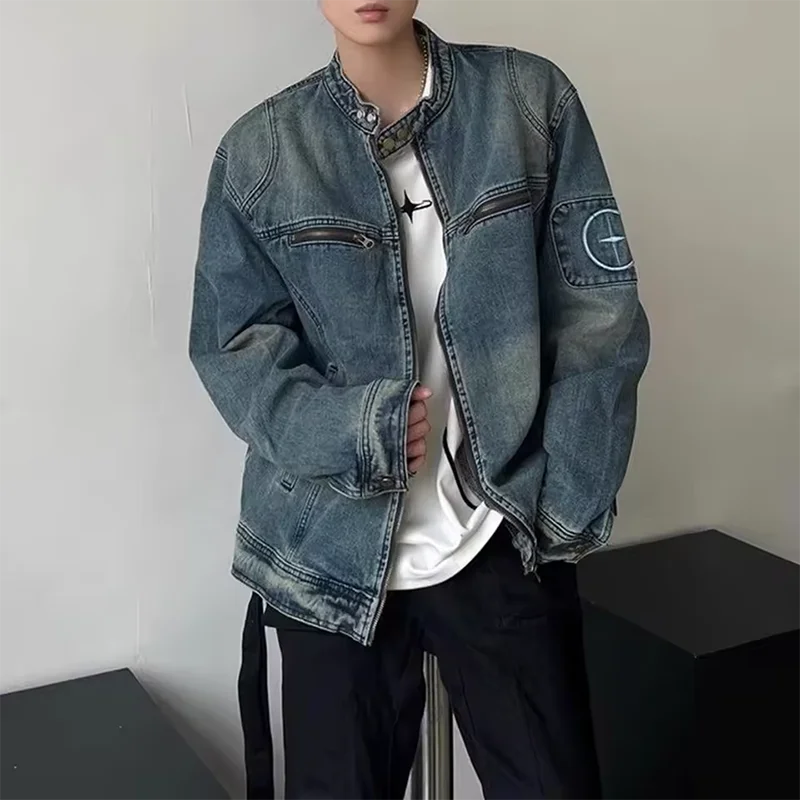 

Y2K Harajuku Denim Jacket Mens Windproof Motorcycle Coats Autumn Washed Old Denim Jacket Fashion High Street Casual Outwear