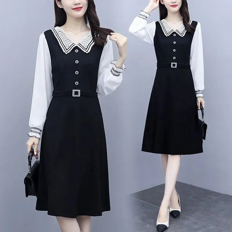 

2024Spring Summer New Dress Women Doll Collar Chiffon Stitching Large Size Vestidos Fat MM Covered Belly Slim Dresses Female