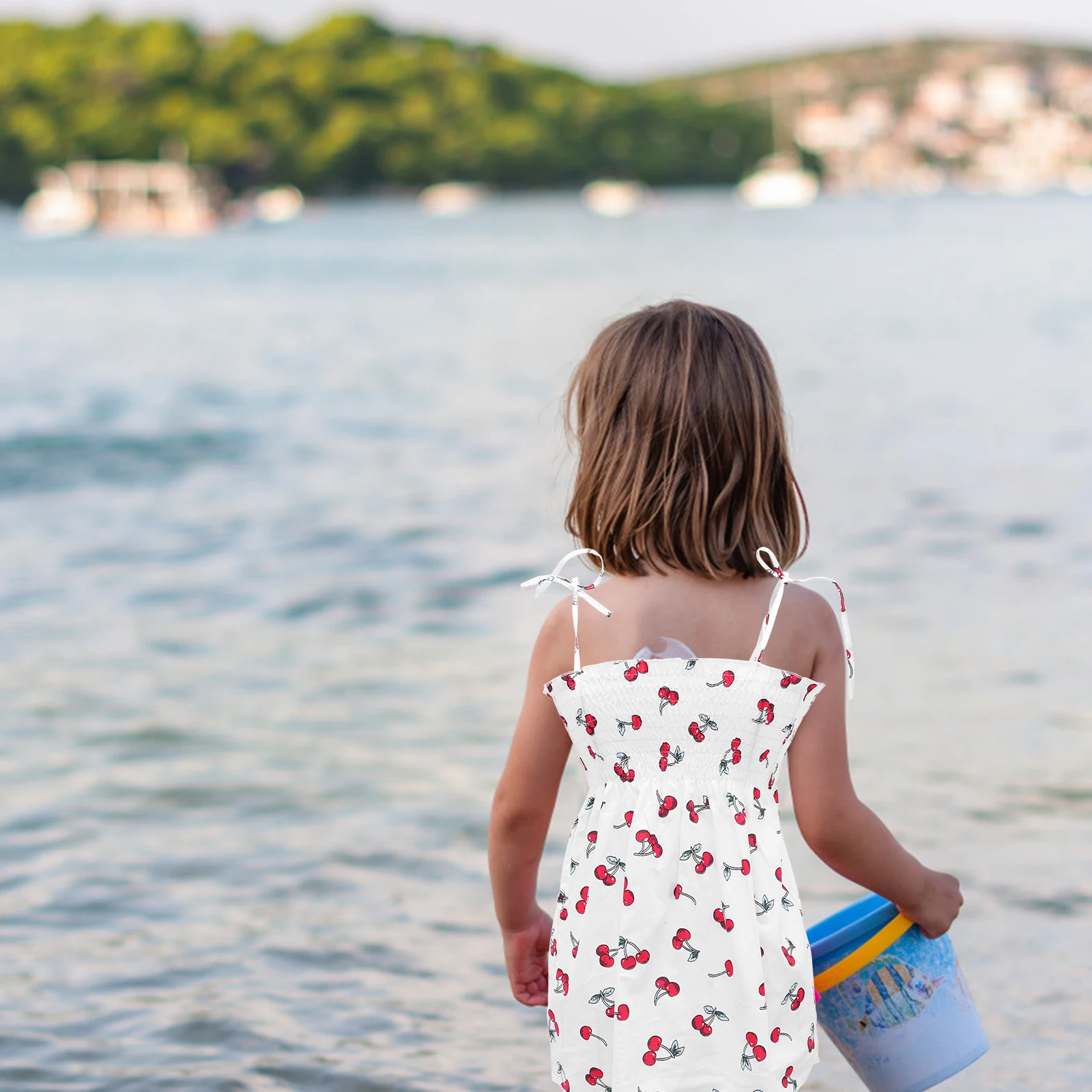 

Cherry Printed One-Piece Sleeveless Dress For Toddler Kids Summer Beach Playwear, Breathable Casual Outfit, Lightweight Girls