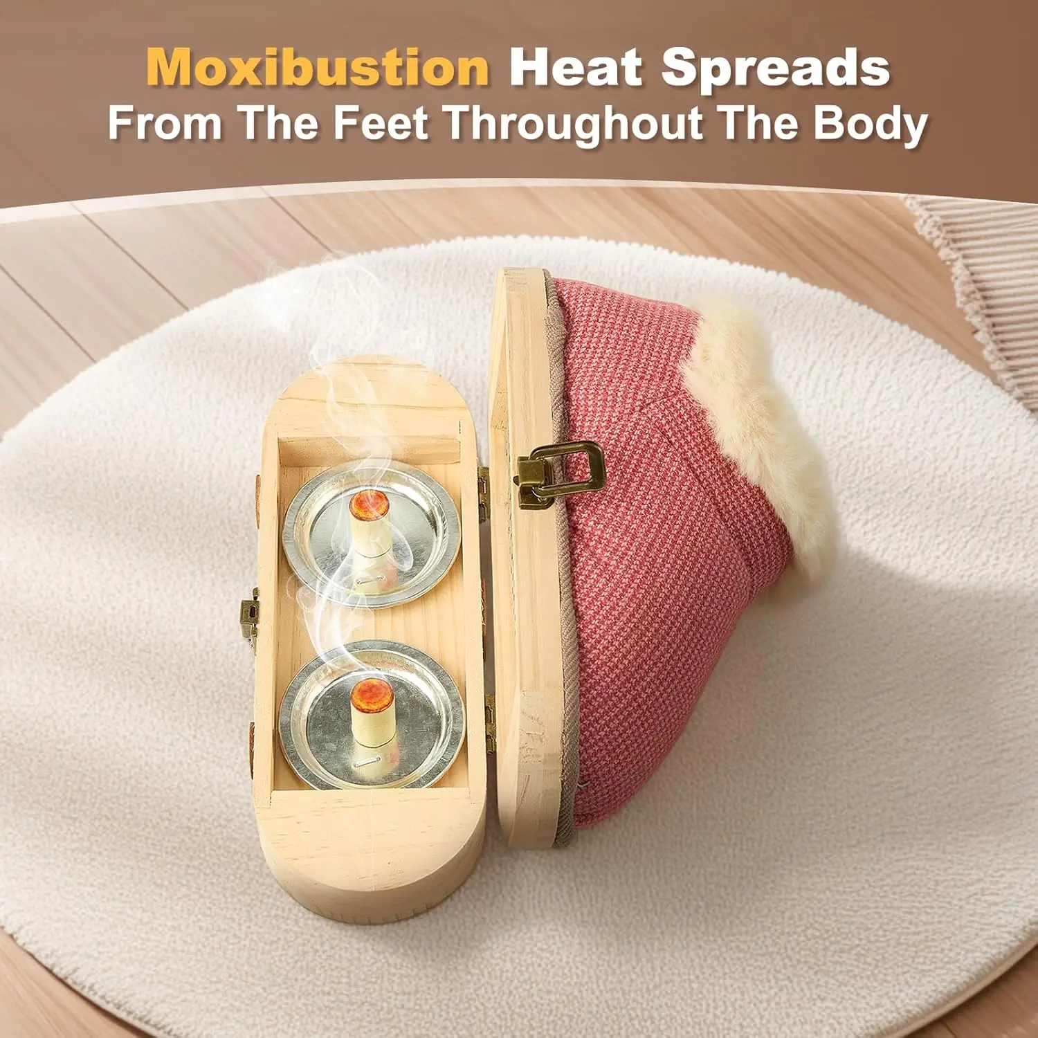 

Heated Wooden Moxibustion Shoes with 54 pcs Moxa Sticks Mugwort Moxibustion Box Portable Foot Massage Boots with Open Flame Moxa