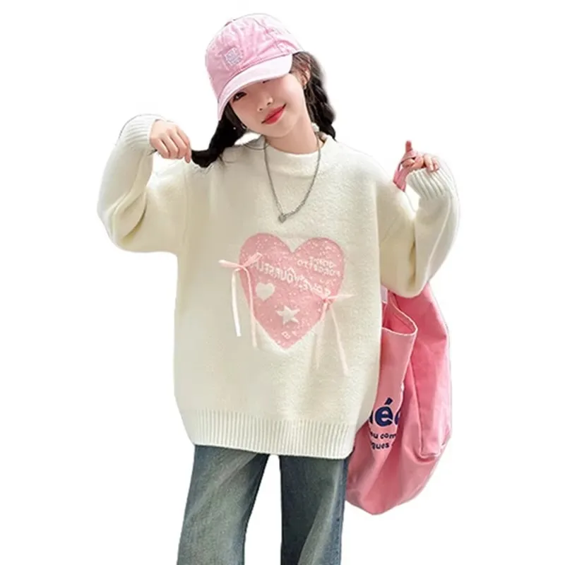 

New Spring Child Knitwear for Girls Heart Knitted Sweater Fashion Kids Clothes For Teenagers Age 5 6 7 8 9 10 11 12 13 14 Years