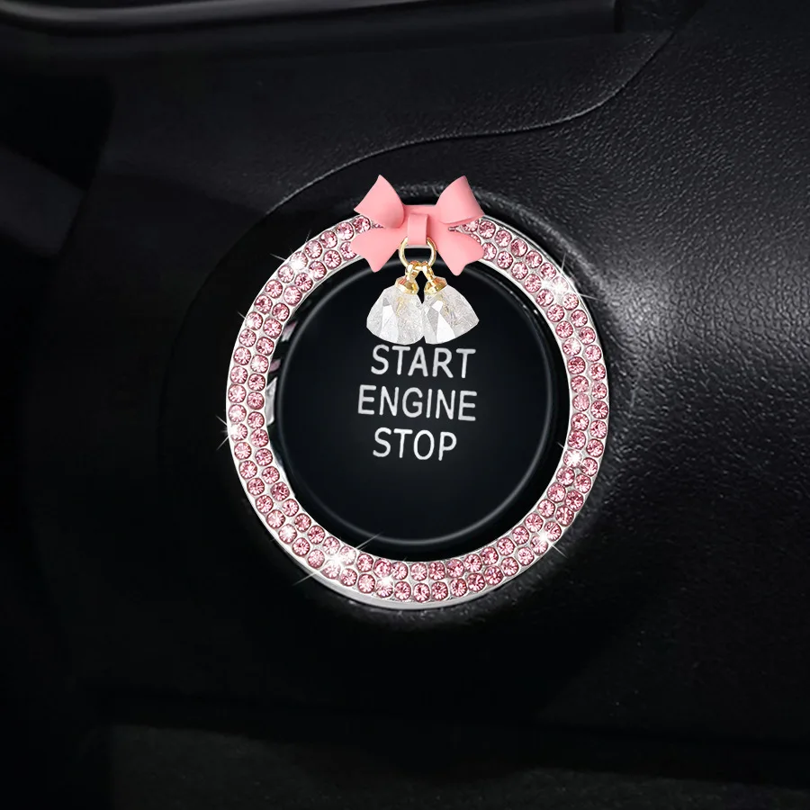 Cute Bow Bling Car Engine Stop Decoration Ring, 1 PC Crystal Rhinestone Car Button Start Button Cover, Shiny Key Ignition and