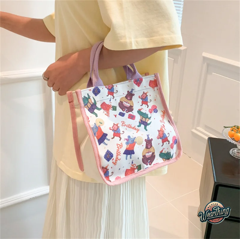 Shoulder Bags Fashion Vintage Women Handbags Cartoon Printing Large Capacity Handbag Portable Lunch Bento Tote Bag Storage Bag