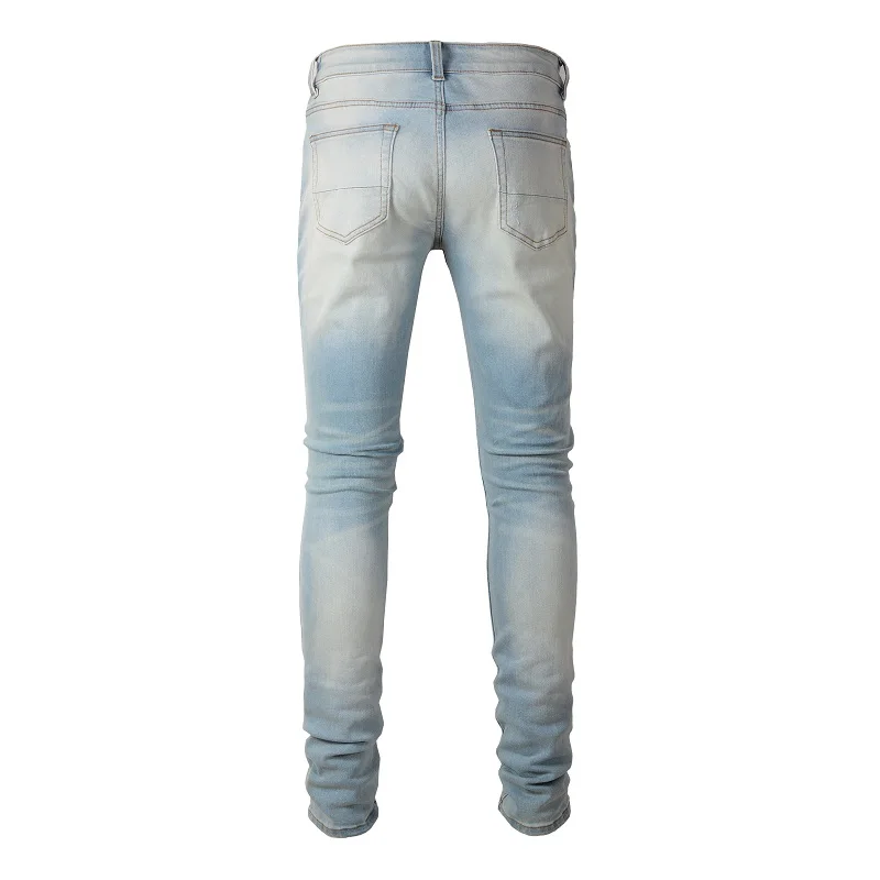 Men's Distressed Classical Blue Leather Yellow Ribs Patchwork Holes Stretch Slim Fit Streetwear Designer Ripped Jeans