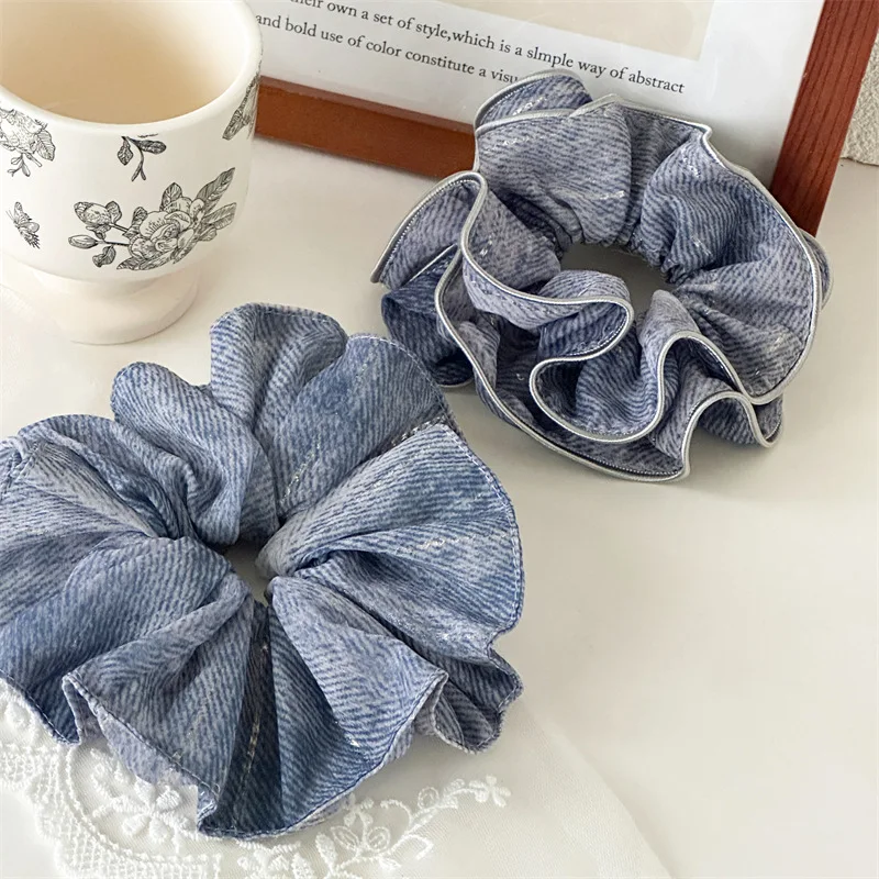 

Multi-Layer Blue Gray Fabric Temperament Headdress For Elegant Woman Large Size Elastic Hair Rope High Ponytail Scrunchie