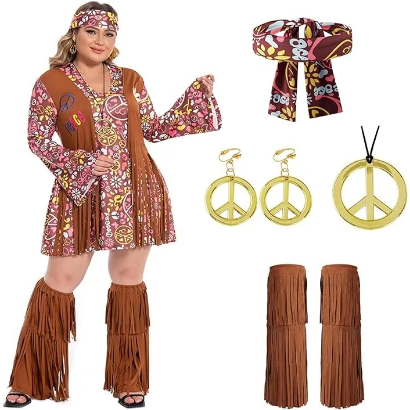 Plus Size Hippie Cosplay Costume Women 60s 70s Disco Outfits Halloween Carnival Party Dress Full Set