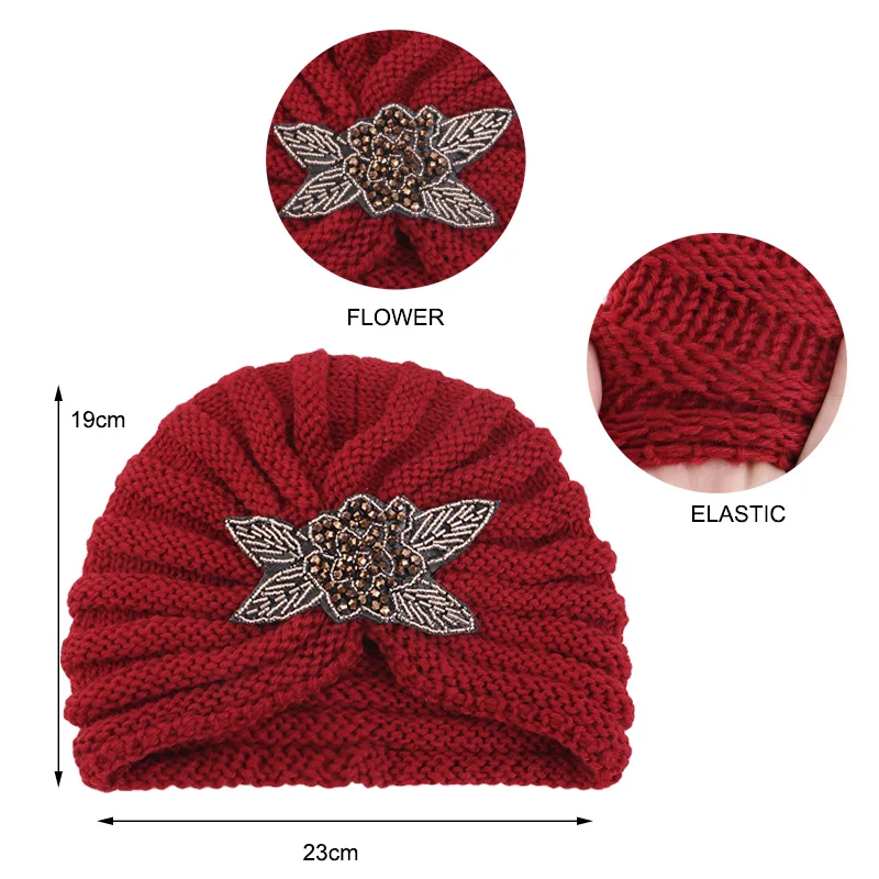 New Women's Rhinestone Flower Handmade Knitted Turban Outdoor Acrylic Beanie Cap Elastic Head Wraps Coldproof Warm Knit Hats