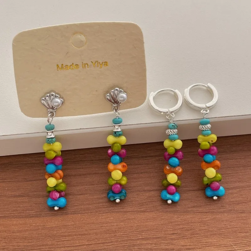Minar Bohemian Mix Color Resin Miyuki Treand Strand Metallic Shell Long Drop Earrings for Women Silver Plating Copper Jewelry