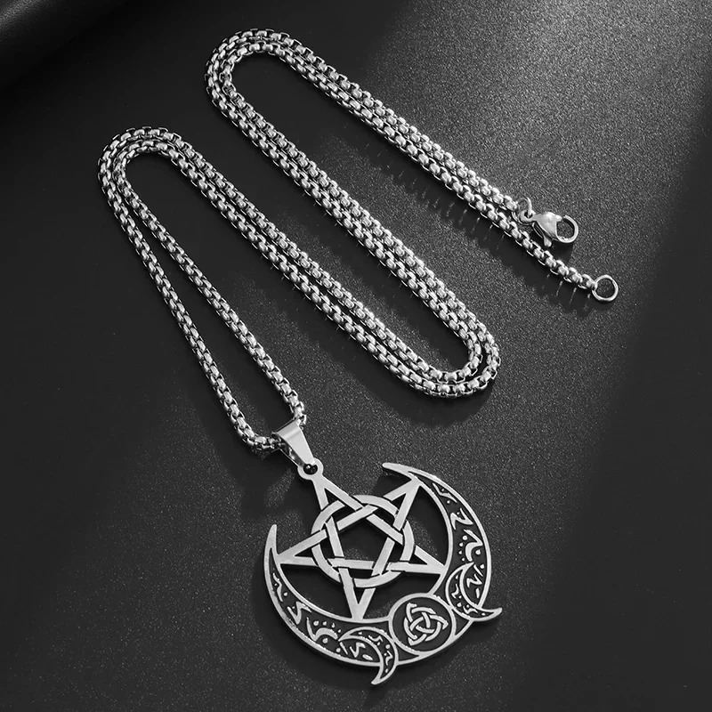 Stainless Steel Niche Alternative Witch Knot Celtic Knot Pentagram Double Moon Pendant Necklace Men and Women Fashion Jewelry