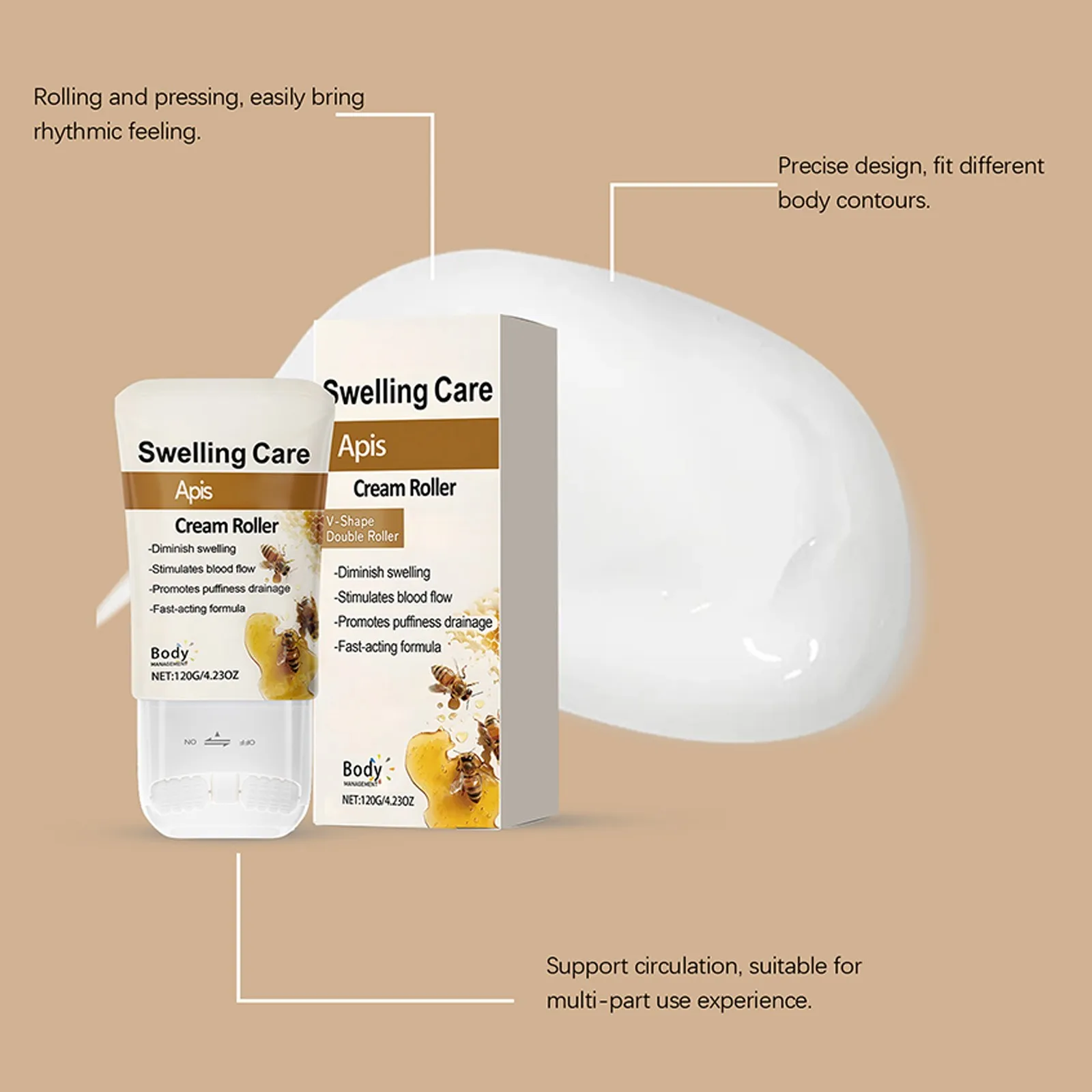 Anti-Swelling Roller Cream 120g - Firming Moisturizer for Edema Relief, Fine Line Reduction & Skin Lifting (Dermatologist-Tested