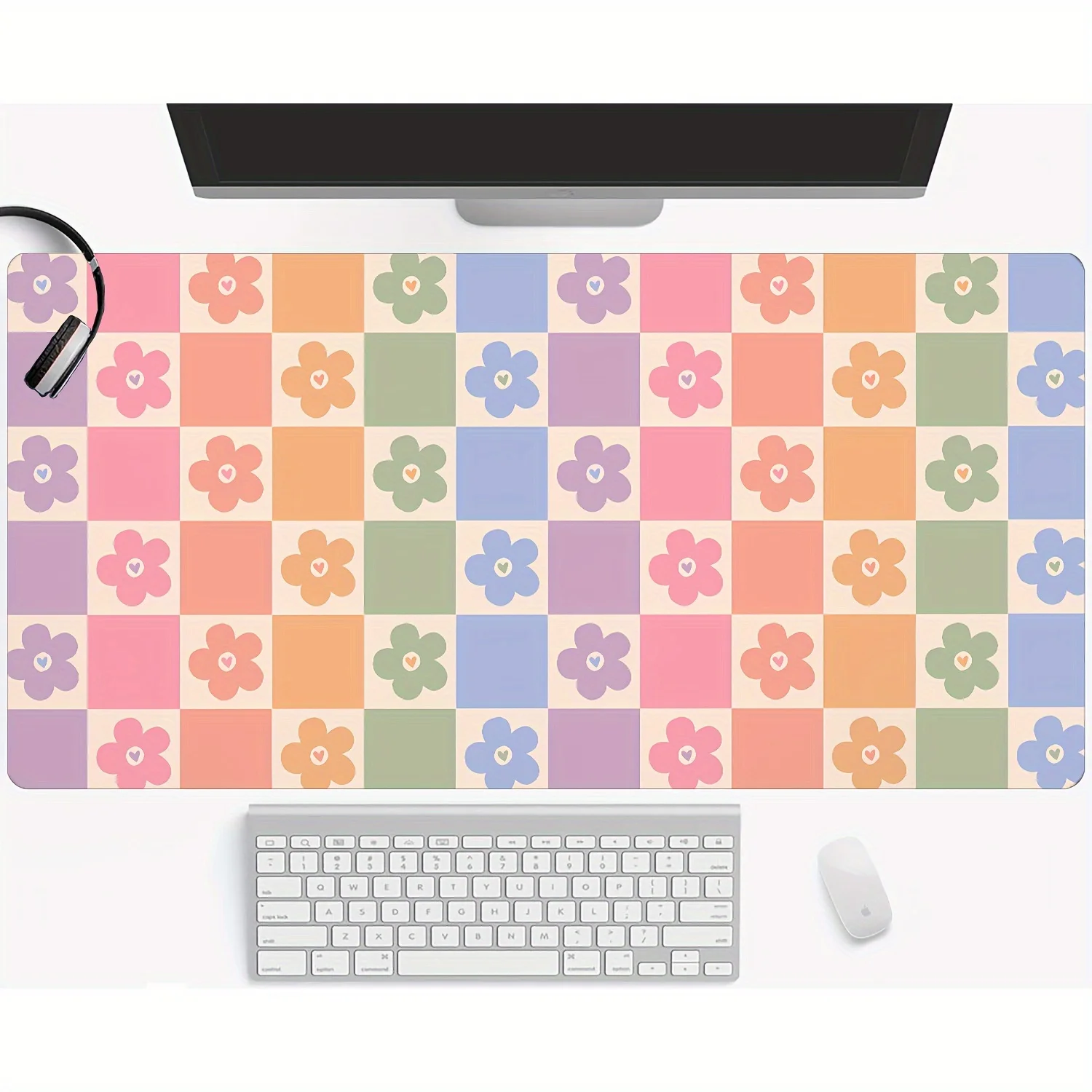 Retro Y2K Flower Checkered Desk Mat Large Gaming Mouse Pad Non-Slip Rubber Base for Office PC