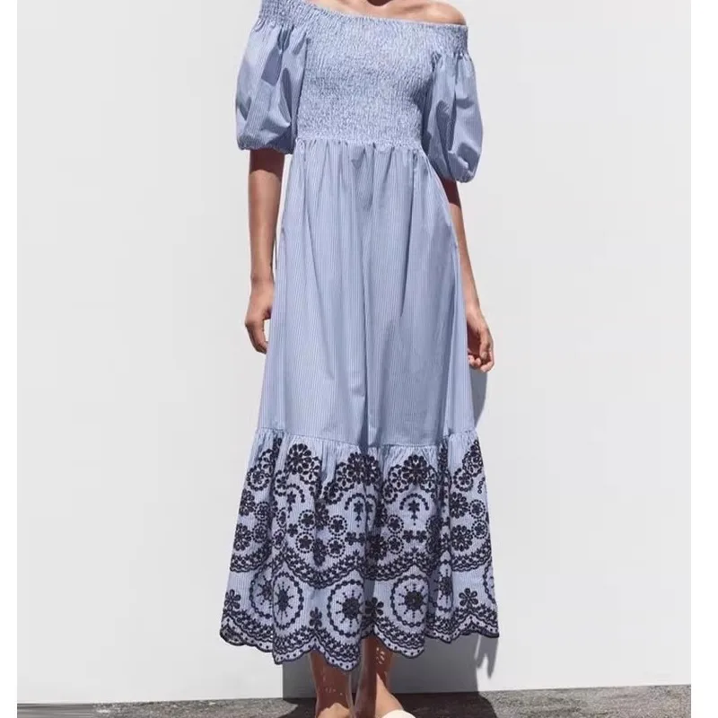 

Новое летнее женское полосатое платье миди с прямым воротником и прямым воротником, повседневное платье трапециевидной формы с высокой талией из полиэфирного волокна Ciwalk...