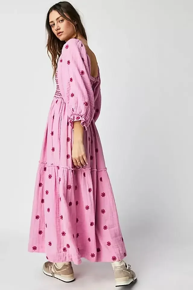 2025 novas mulheres boho profundo decote em v manga puff maxi vestido casual floral chiffon em camadas flowy swing festa vestido longo