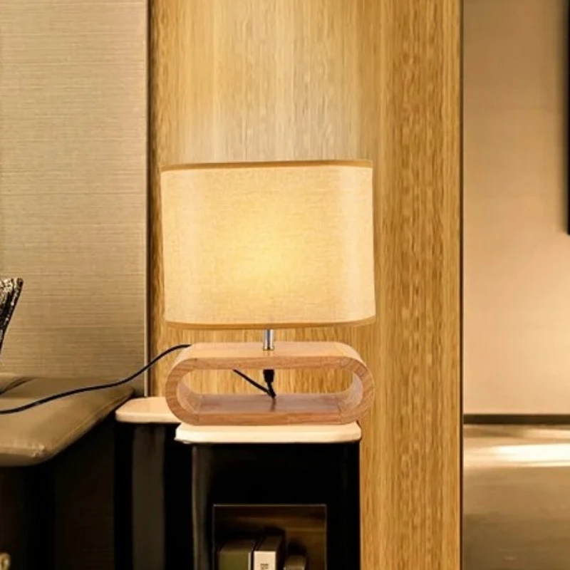 

Creative Nordic Wooden Table Lamp Modern Bedroom Bedside Light Living Room Hotel Japanese Study LED Table Lamp Linen Lampshade