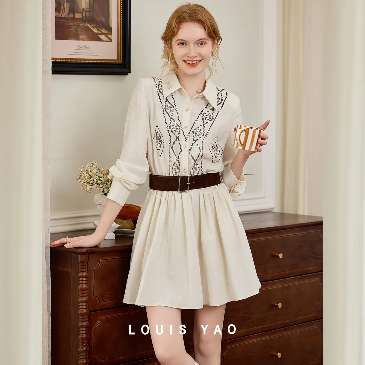 

LOUIS YAO Lyocell Fabric Shirt Women's Dress 2026 Spring Literary Embroidery Elastic Waist Long Sleeve Midi Dress For Women