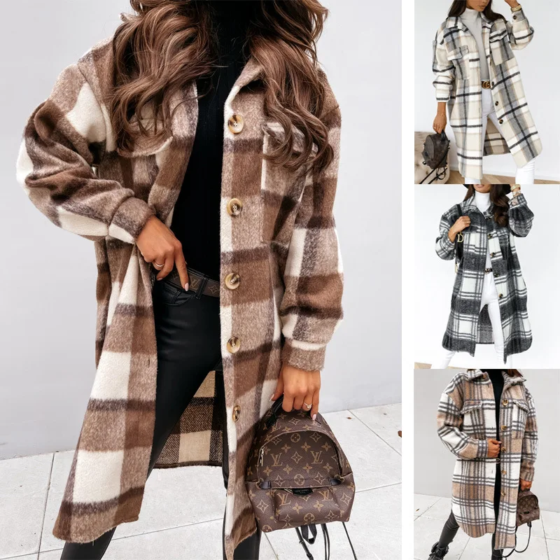 

Single Breasted Trench Coat Fashion Long Autumn Winter Women's Clothing Long Sleeve Plaid Overcoat Coat