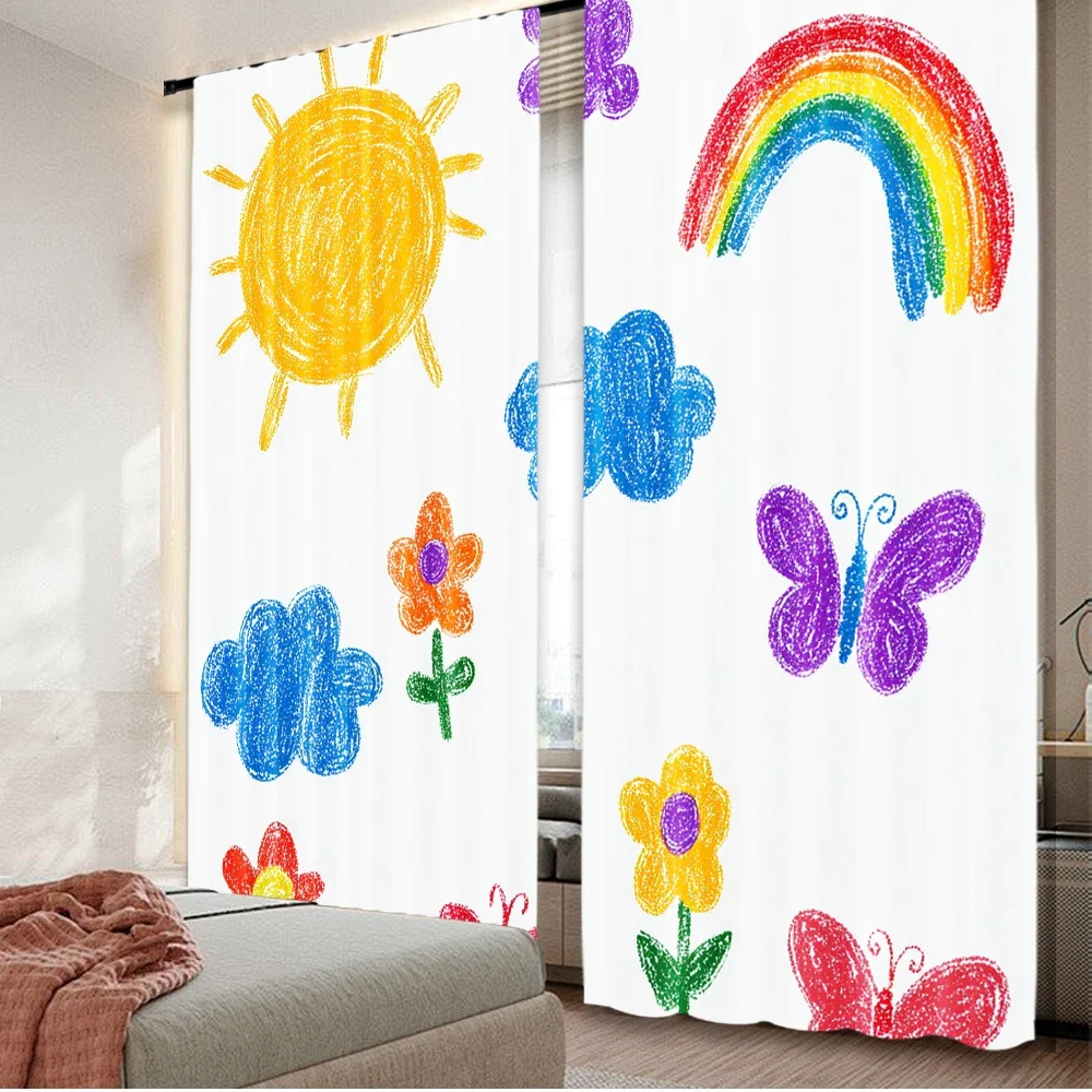 

2D flat printing 2pcs Curtains Butterfly Rainbow Sky Digital Printed Polyester Drapes Festive Holiday Perfect for Holiday