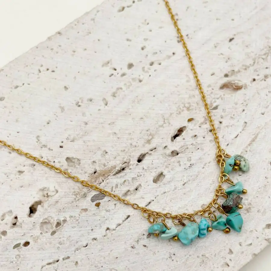Handmade Genuine Turquoise Irregular Chips Beaded Fringe Necklace Gold Tone Chain Fashion Jewelry Gift for Her
