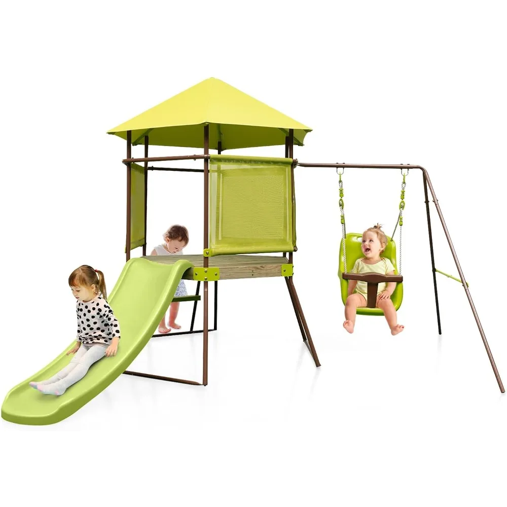 

Swing Sets for Backyard, 4-in-1 Heavy Duty Metal Swing Set with Slide, Baby Swing, Upper Deck with Canopy, Climbing Ladder