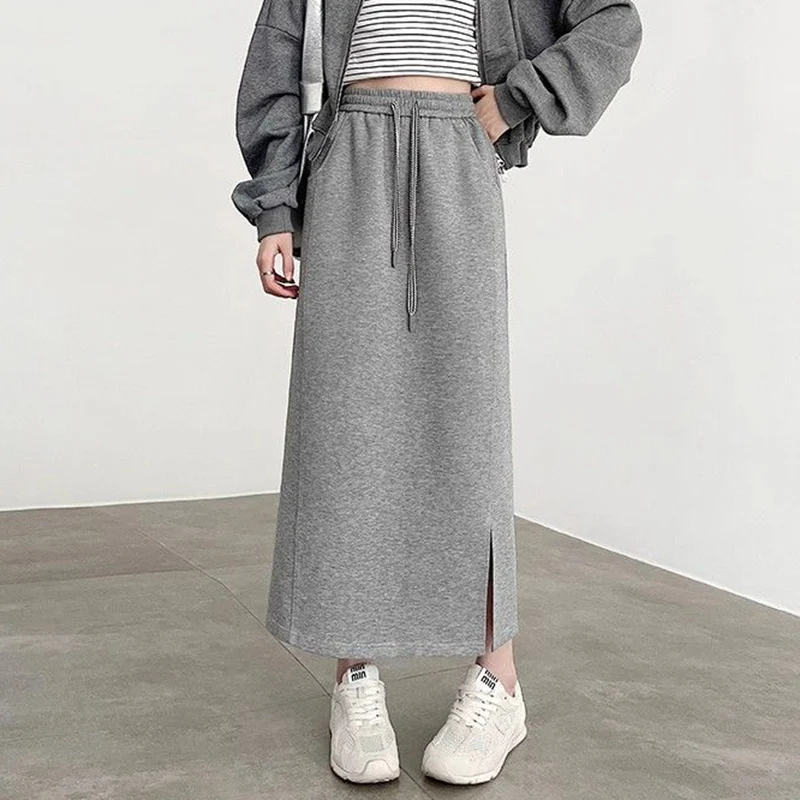 여름 여성용 편안한 미디롱 스커트 여성 클래식 한국 스타일 하이웨이스트 스커트 여성 시크 패션 솔리드 얇은 드레스