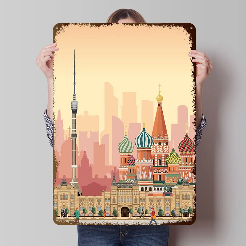 Moscow Travel Print Printed Poster Customized Retro Wall Art Vintage Metal Tin Signs for Home Living Room Decoration Gaming Cozy
