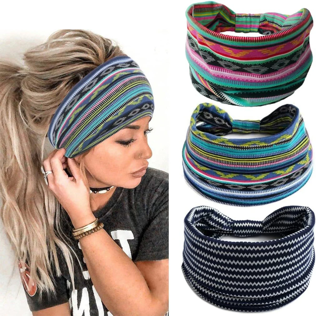 New Bohemian Wide Headband Knotted Yoga Hijab Striped Headband Elastic Headband Headband for Women and Girls