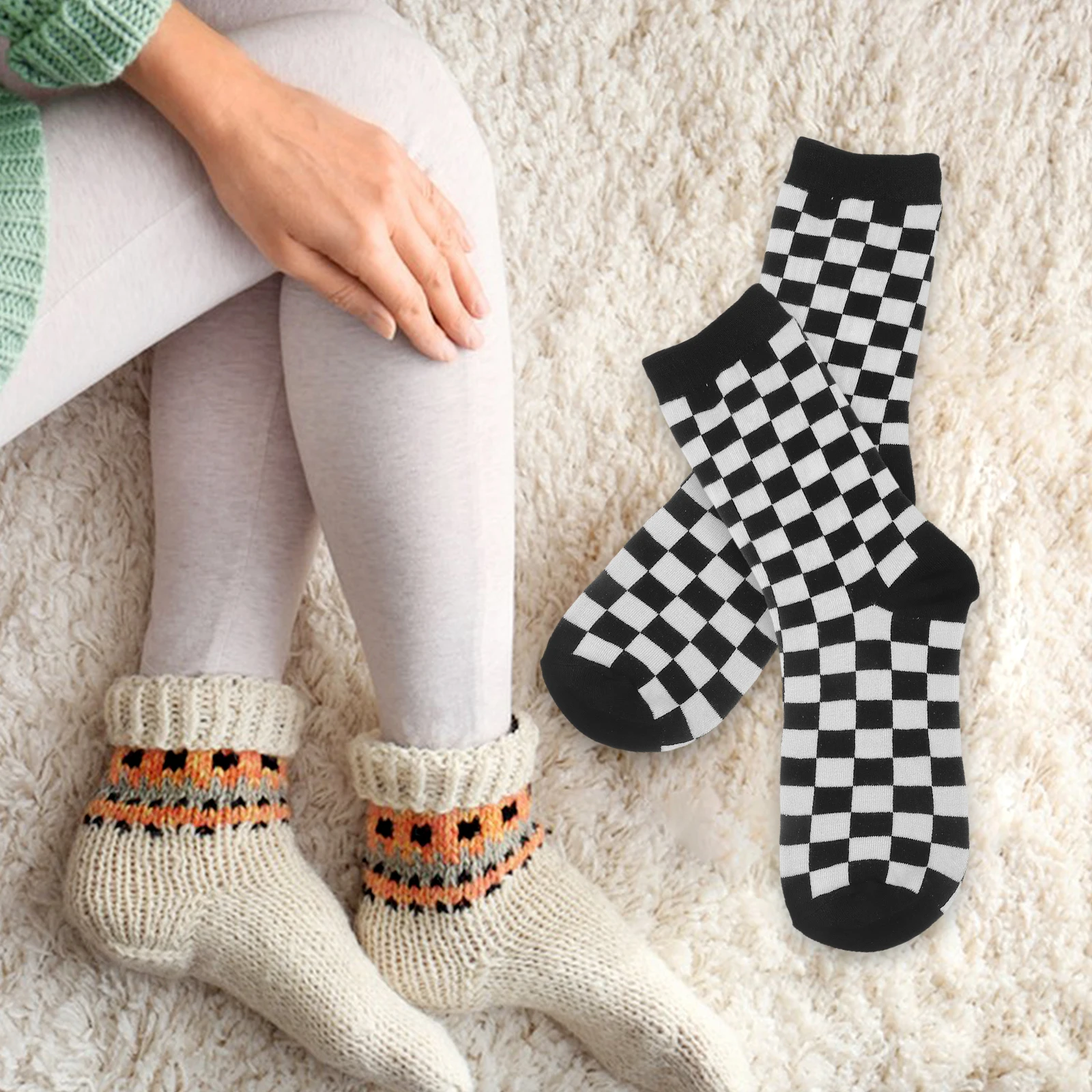2 Pairs Leisure Plaid Sock Socks Color-matching Black-white