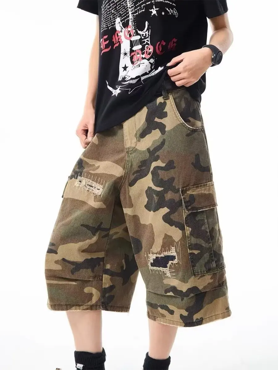 

American Style Camouflage Ripped Patchwork Loose Casual Work Shorts Trendy Sports Mid-Calf Pants for Men Youth Summer Shorts