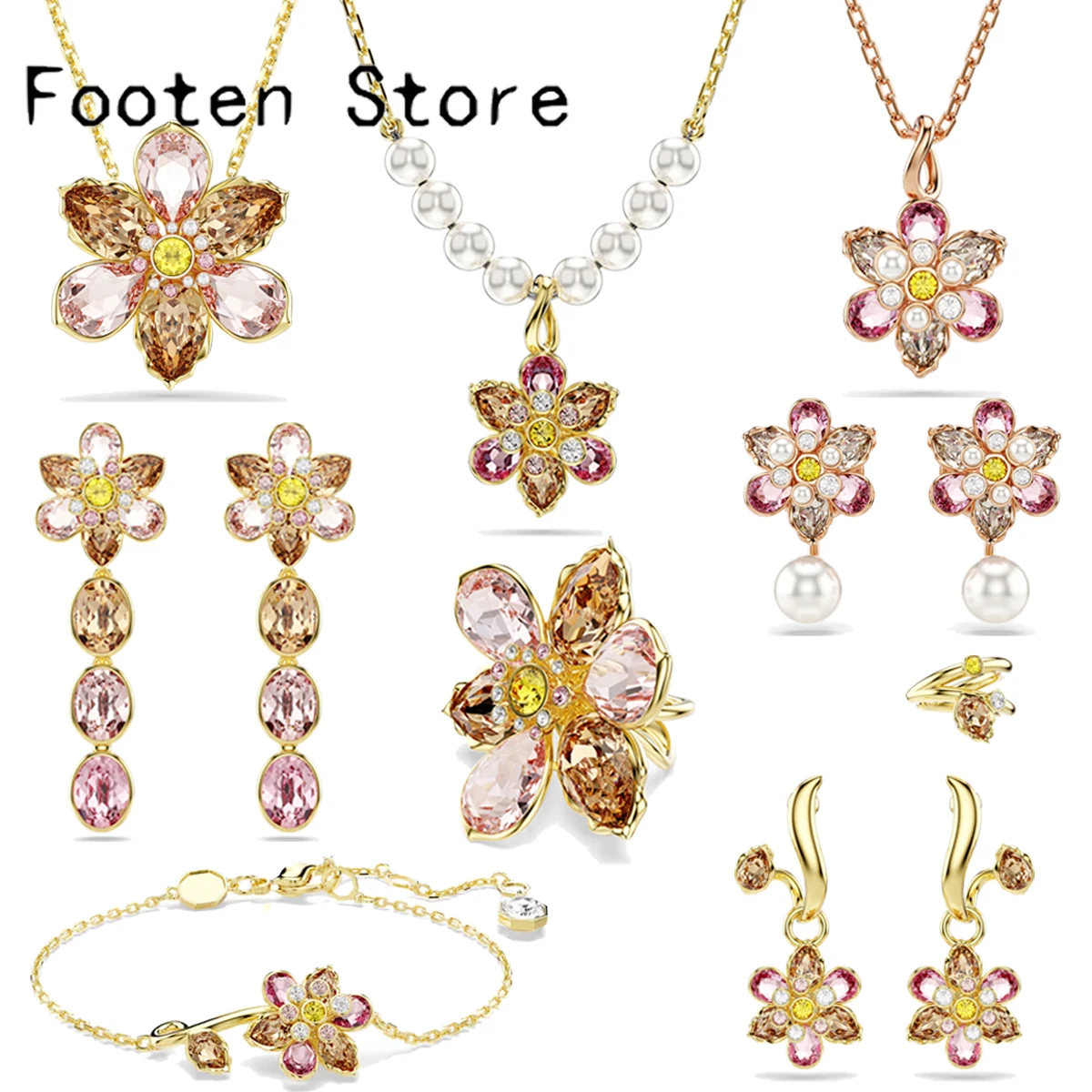 

2025 New Trend Fine Party Jewelry Set Charm Pink Gold Flower Crystal Fashion Pearl Necklace Ring Earring Romantic Gift for Women