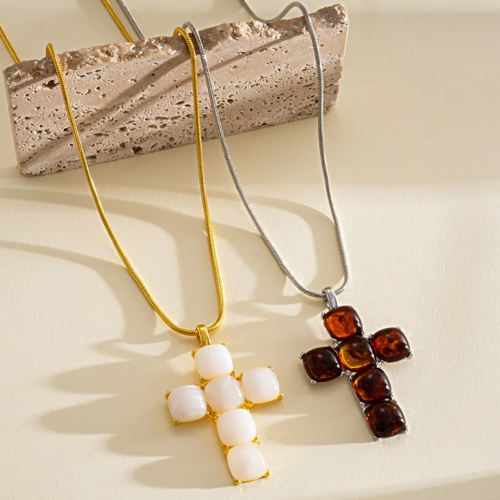 Personality Vintage Resin Square Stone Cross Pendant Long Necklace for Wome Hip-hop Punk Religious Streetwear Stackable Jewelry