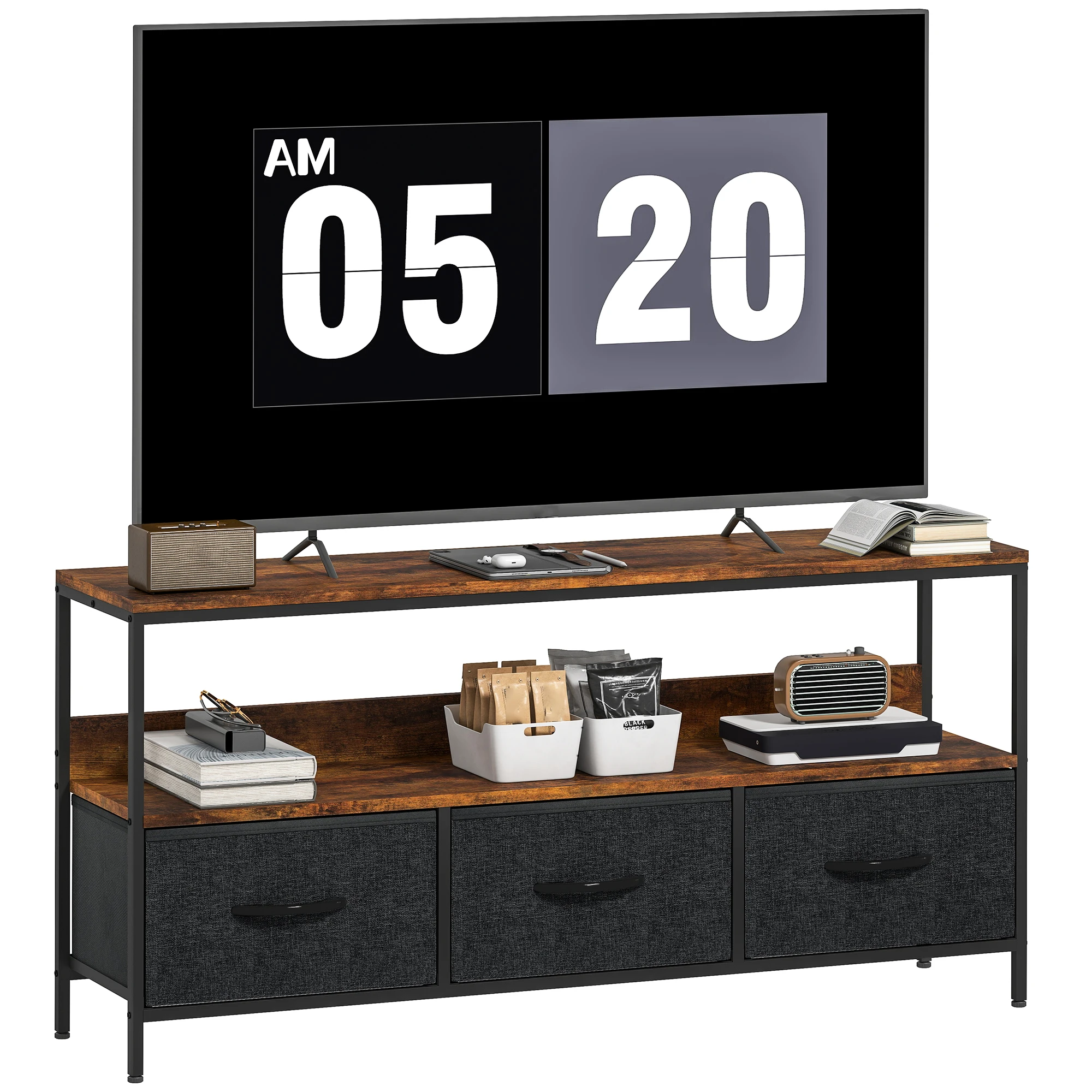 Mobile TV HOMCOM 120 cm, supporto TV per televisori fino a 55 pollici con 1 ripiano, 3 cassetti pieghevoli e gambe in acciaio, mobile TV per soggiorno, camera da letto, marrone rustico