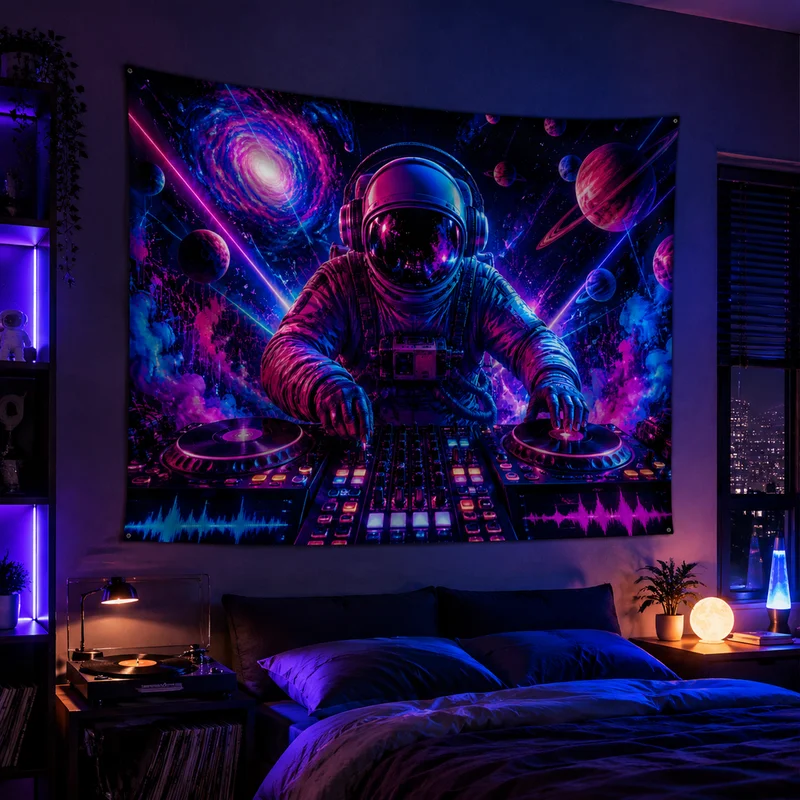 VIKAMA Neon DJ Astronaut Tapestry, Galaxy Turntable Psychedelic Electronic Music Sci-Fi Wall Hanging, Esports Bedroom Home Decor