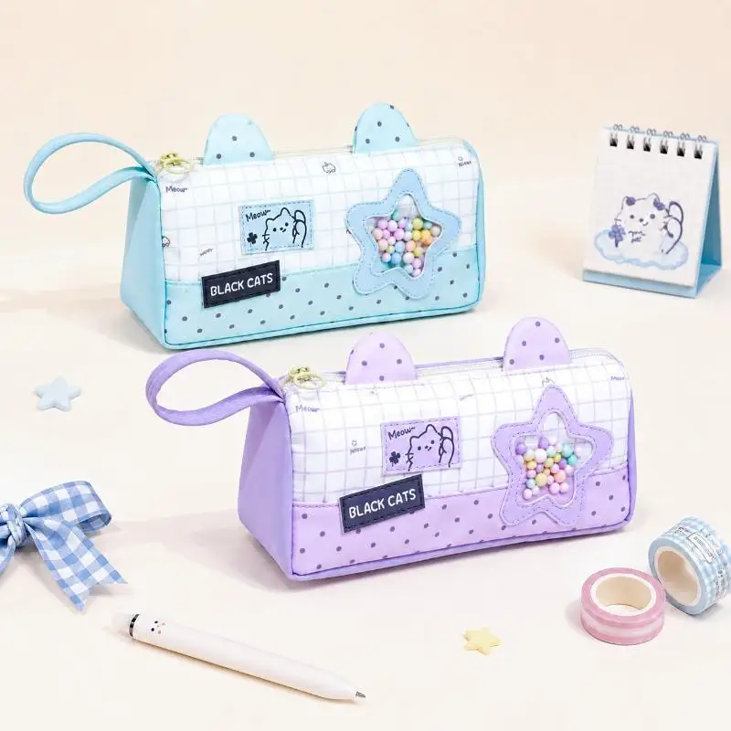 Kawaii Cat Ear Pencil Case With Dual Layer Large Capacity Star Bead Window For Students School Stationery Storage