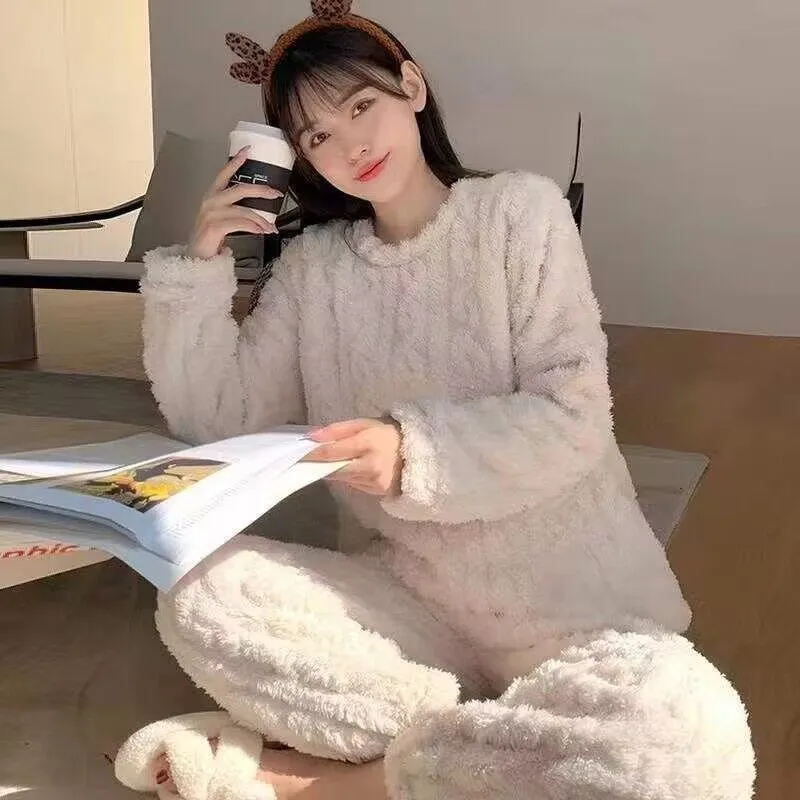 Thick Coral Fleece Pajamas Set Women's Autumn Winter Home Clothes Flannel Warm Large Size Fleece Lined Sleepwear Suit Sfeafaca8dc6c4ef7a0a7e3ed68fa7c28B